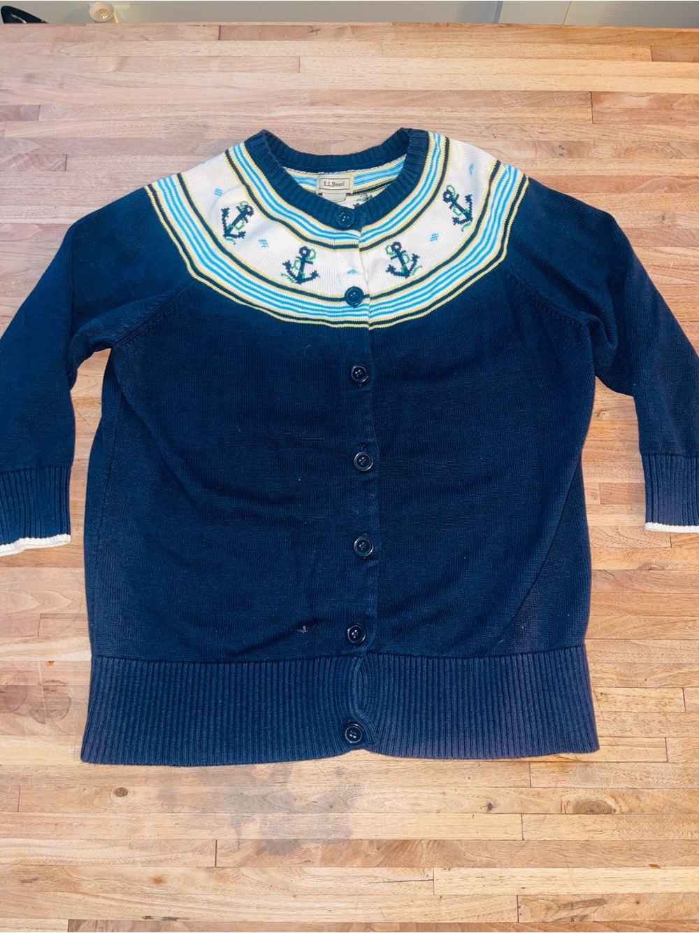 L.L. Bean Vintage Navy Cream & Yellow Knit Cardigan with Anchor | Coastal | L - Picture 3 of 9
